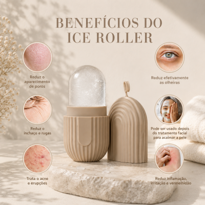 Ice roller transparente com base bege sobre pedra mostrando benefícios para a pele com texto em português.