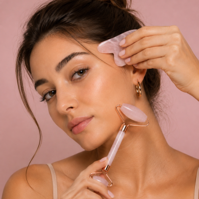 Mulher com rolo facial e placa gua sha em pedra rosa