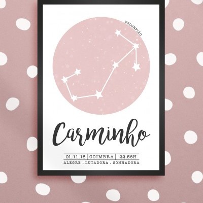 Cartaz decorativo com constelação Escorpião e dados personalizados em moldura preta
