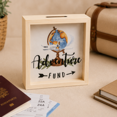 Caixa de madeira para cofre com design de viagem