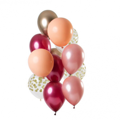 Conjunto de balões coloridos vermelho, pêssego, dourado, rosa e branco com pontos dourados