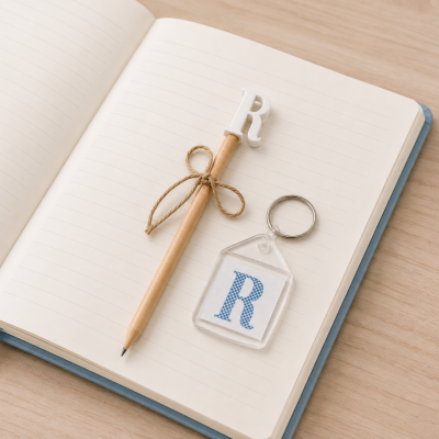 Caderno aberto com lápis de madeira decorado com letra R e porta-chaves com letra R