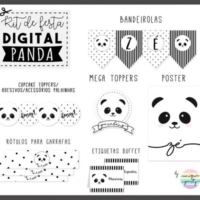 Kit digital de festa panda com bandeirolas, toppers, poster, rótulos para garrafas e etiquetas para buffet em preto e branco