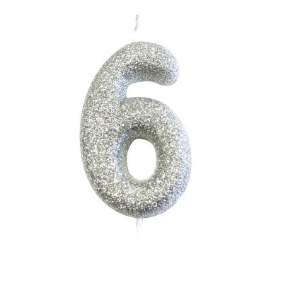 Vela número 6 prateada com glitter
