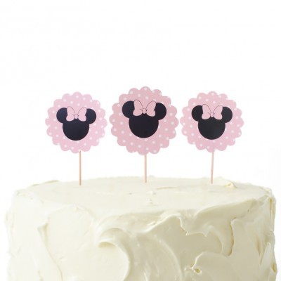 Topo de bolo com silhuetas da Minnie Mouse em papel cor de rosa com bolinhas brancas