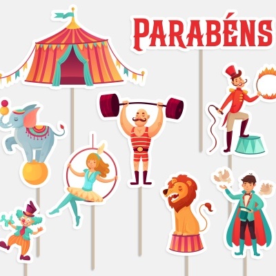 Toppers para bolos com tema de circo e texto 'PARABÉNS' em cores vibrantes