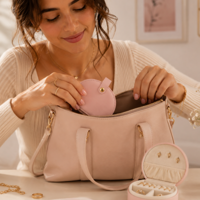 Bolsa bege claro com caixa de joias rosa claro contendo brincos e anéis dourados