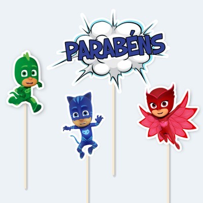 Toppers para bolo com personagens animados e palavra PARABÉNS