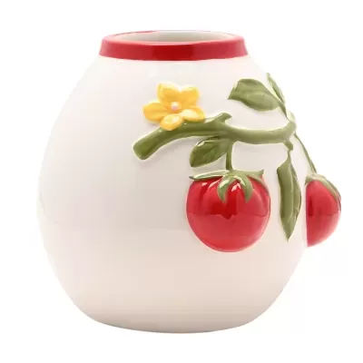 vaso cerâmica branco com bordo vermelho e decoração de tomates e flor em relevo