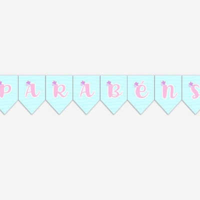 Bandeirola decorativa azul claro com texto cor-de-rosa 