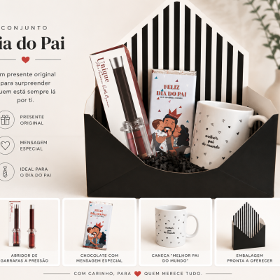Conjunto de presente Dia do Pai com abridor, chocolate e caneca numa caixa preta com interior às riscas pretas e brancas