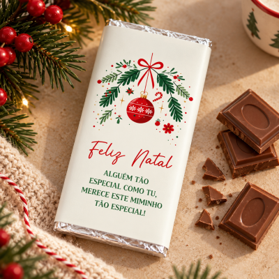 Barra de chocolate com embalagem com tema natalício e texto em português, rodeada de decoração de Natal e chávena.