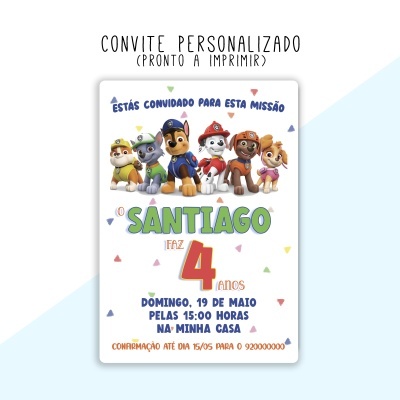 Convite personalizado com personagens da Patrulha Canina e informações de festa de aniversário.