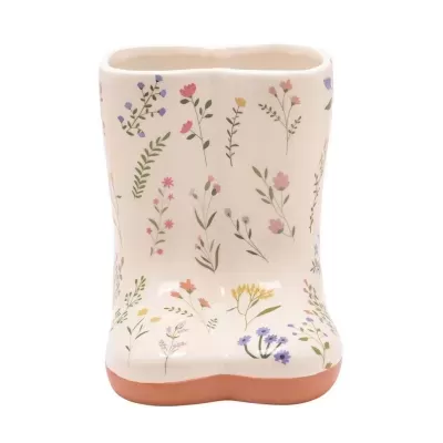 Vaso cerâmico em forma de bota com padrão de flores coloridas