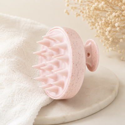 Massageador de couro cabeludo rosa com pontas cónicas sobre mármore branco e toalha