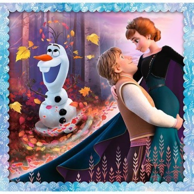 Imagem de personagens animados com boneco de neve e casal abraçado numa floresta de outono