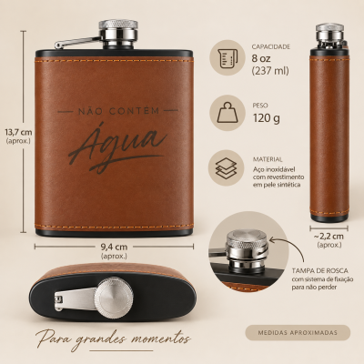 Frasco de bolso castanho com tampa metálica e texto Não Contém Água