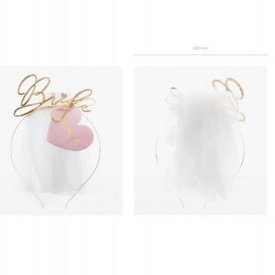 Tiara dourada com palavra Bride e véu branco com coração cor-de-rosa