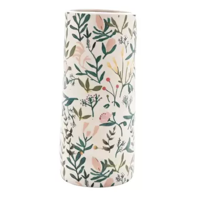 Vaso branco cilíndrico com padrão floral colorido
