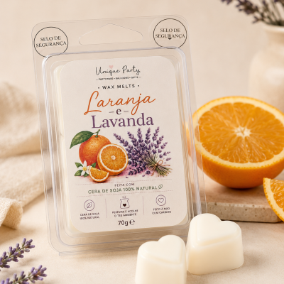 Pack de wax melts laranja e lavanda com duas peças em forma de coração e laranja cortada