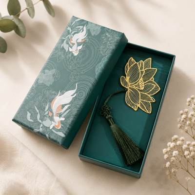 Caixa de presente verde escuro com padrão floral e marca-páginas dourado em forma de flor de lótus