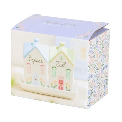 Conjunto de saleiro e pimenteiro em forma de casa em caixa com padrão floral