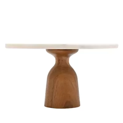 Prato de bolo com base de madeira castanha e topo em mármore branco