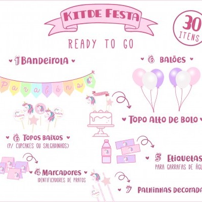 Kit de festa com itens decorativos em tons rosa e lilás para aniversário