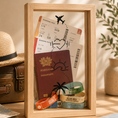 Caixa de vidro com passaporte, bilhetes de voo e pulseiras coloridas com temas de viagem em fundo claro