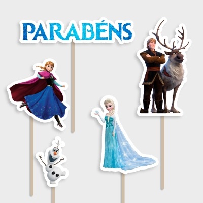Topper para bolo com personagens do filme Frozen e topper com texto Parabéns