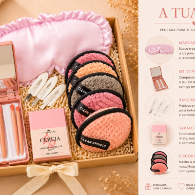 Conjunto de beleza com máscara de cetim, pincéis, molas, sabão e discos Clean Sponge