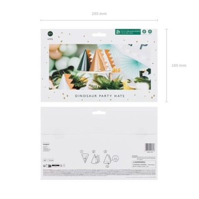 embalagem de chapéus de festa de papel decorados com dinossauros em verde, branco e castanho