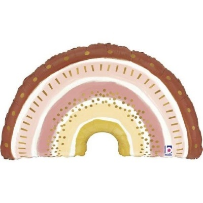 almofada em forma de arco-íris com padrões coloridos em castanho, rosa, branco e amarelo