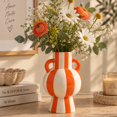 Vaso listrado branco e laranja com flores sobre superfície de pedra com livros e vela