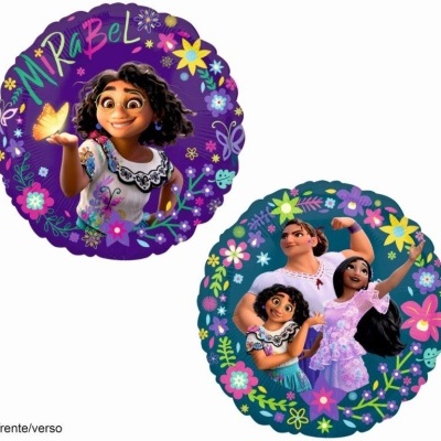 Balões de alumínio redondos com personagens do filme Encanto, um roxo com Mirabel e outro azul com três personagens