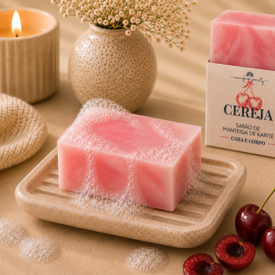 Sabonete cor-de-rosa com bolhas numa saboneteira com caixa, cerejas frescas, vela acesa, vaso com flores e pano bege sobre superfície bege.