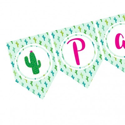 Bandeirola decorativa com cactos e letras em rosa