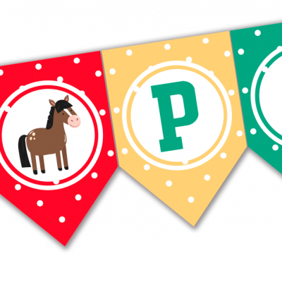 Faixa decorativa com bandeirolas vermelha, amarela e verde com desenho de cavalo e letras