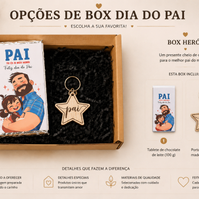 Caixa de presente Dia do Pai com chocolate e porta-chaves de madeira