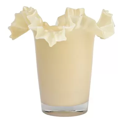 Vaso decorativo de vidro creme com boca ondulada e folhos