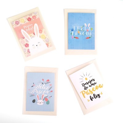 Quatro cartões de Páscoa com ilustrações de coelhos e ovos, com envelopes, sobre fundo branco.