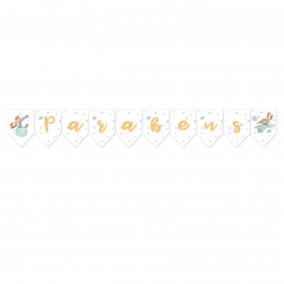 Bandeira branca com texto 'parabéns' e desenhos coloridos nas extremidades