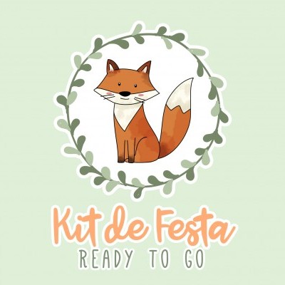 Ilustração de um raposo rodeado por folhas com texto Kit de Festa READY TO GO