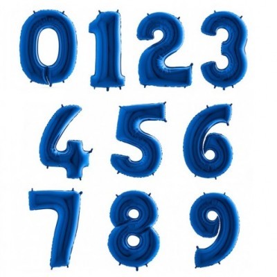 Balões azuis em forma dos números de 0 a 9