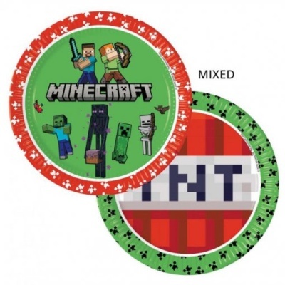 Pratos de papel descartáveis com design Minecraft, um vermelho com personagens, outro verde com padrão Creeper e TNT