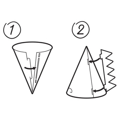 Diagrama a preto e branco de dois cones de papel para dobrar