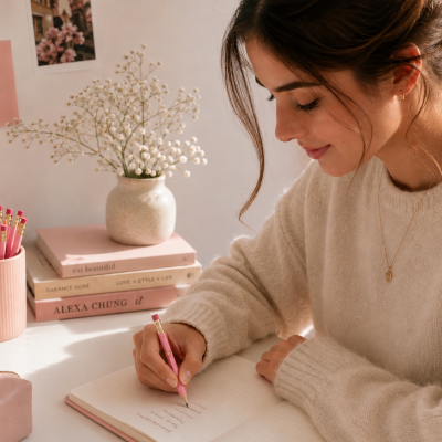 Mulher a escrever num caderno com lápis cor-de-rosa num espaço de trabalho com elementos rosa e creme
