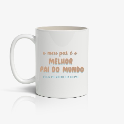 Caneca branca com texto em castanho claro e azul comemorativo do Dia do Pai.