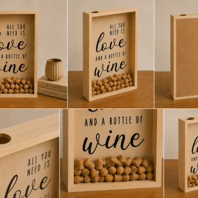 Quadro decorativo de madeira com rolhas de cortiça e frase sobre vinho