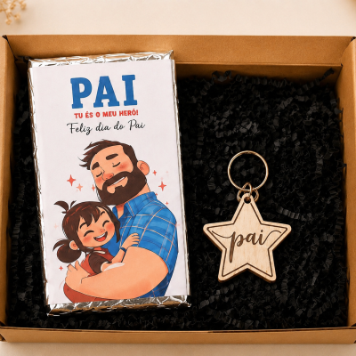 Conjunto de presente Dia do Pai com barra de chocolate e porta-chaves estrela de madeira